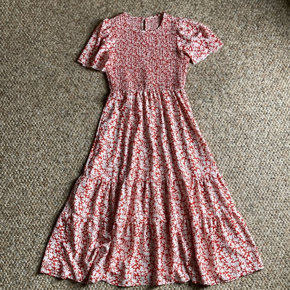 Orange floral smock midi dress